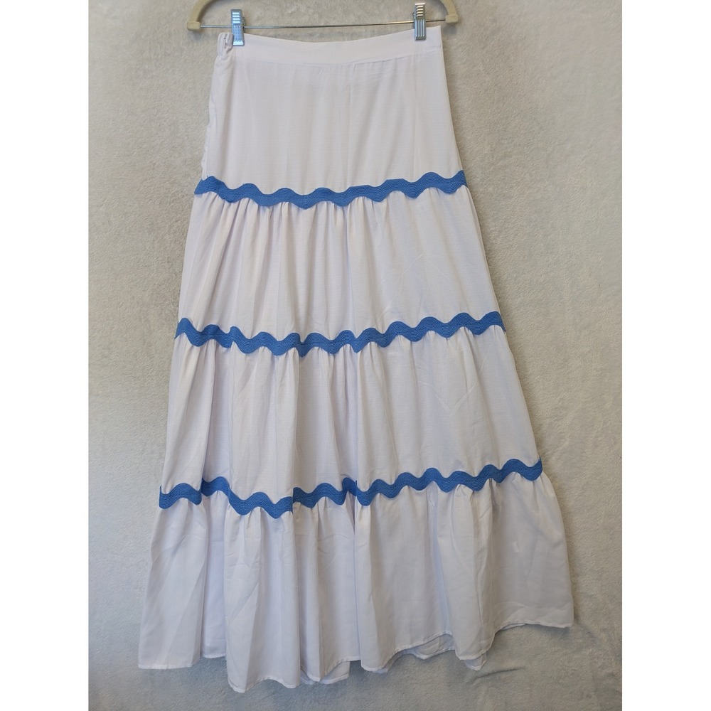 Unbranded Maxi Skirt Womens L White Blue Ric Rac Trim Tiered Ruffle Boho Coastal
